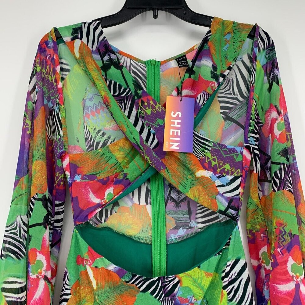 Shein Dress Maxi Hi Lo Cutout Green Tropical Print Long Sleeve NWT - Picture 7 of 16